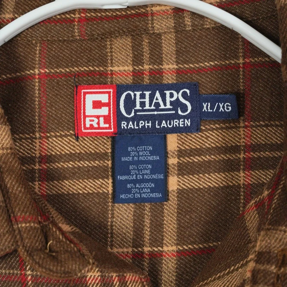 Chaps Ralph Lauren Mens Brown Plaid Cotton Wool Blend Button Down Shirt XL‎
